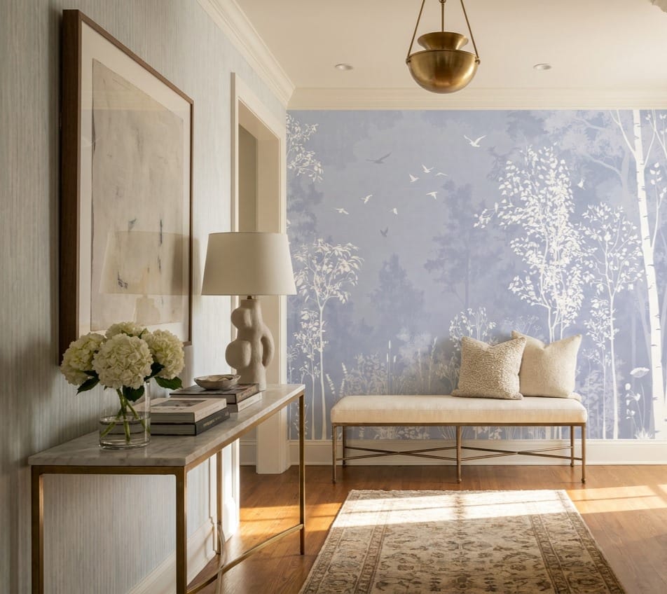 Misty Blue Watercolor Nordic Birch Forest Wallpaper Mural in birch