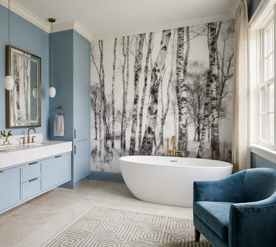 Cool Gray Watercolor Nordic Birch Forest Wallpaper Mural in birch