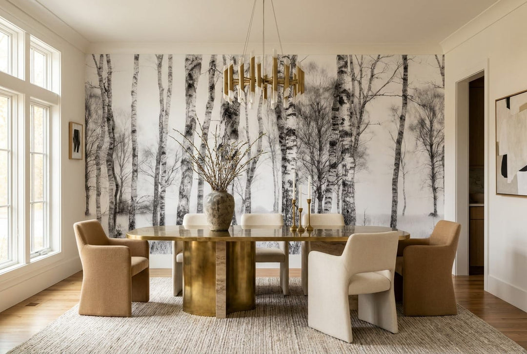 Cool Gray Watercolor Nordic Birch Forest Wallpaper Mural in birch