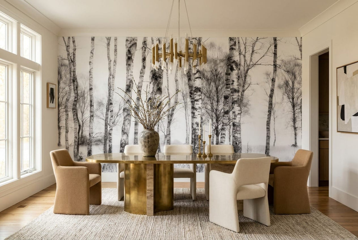 Cool Gray Watercolor Nordic Birch Forest Wallpaper Mural in birch