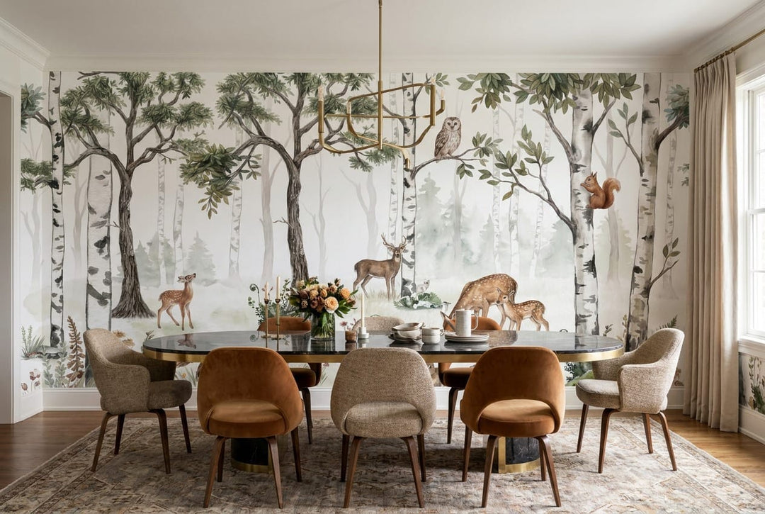 Soft Green Watercolor Nordic Birch Forest Wallpaper Mural in birch