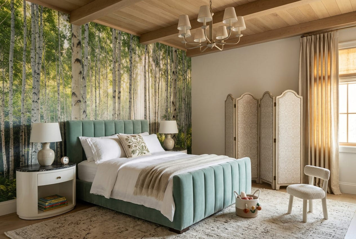 Pale Green Watercolor Nordic Birch Forest Wallpaper Mural in birch