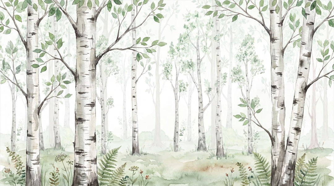 Soft Green Rustic Nordic Birch Forest Wallpaper Mural in birch