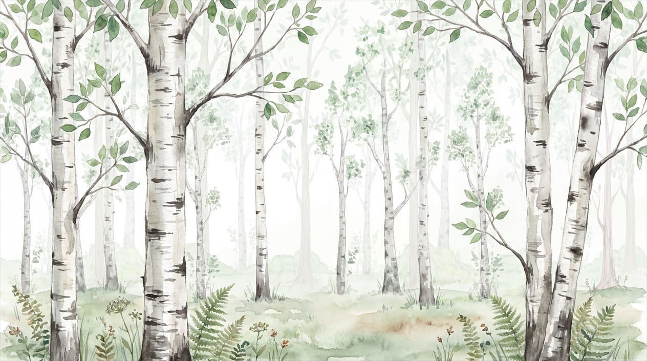 Soft Green Rustic Nordic Birch Forest Wallpaper Mural