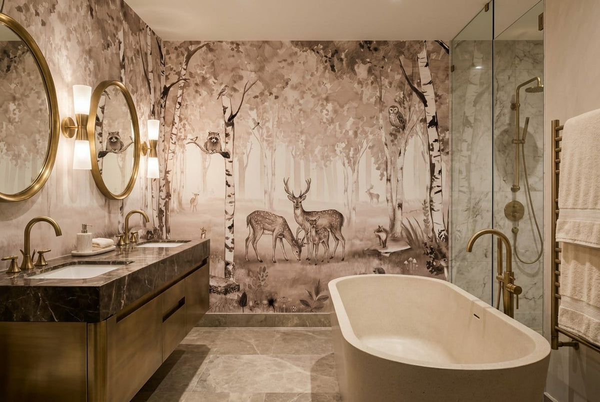 Warm Tan Woodland Nordic Birch Forest Wallpaper Mural in birch