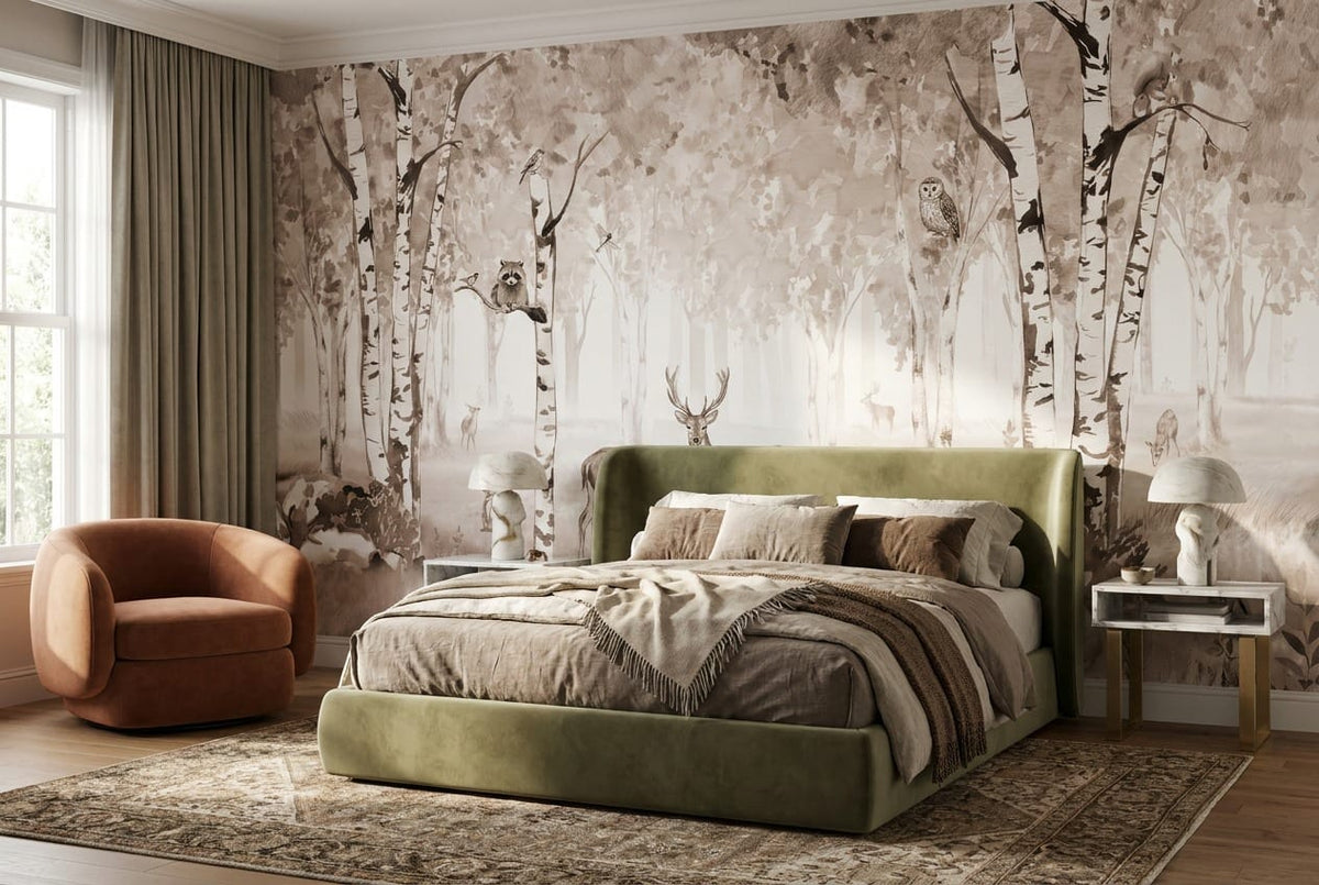 Warm Tan Woodland Nordic Birch Forest Wallpaper Mural in birch