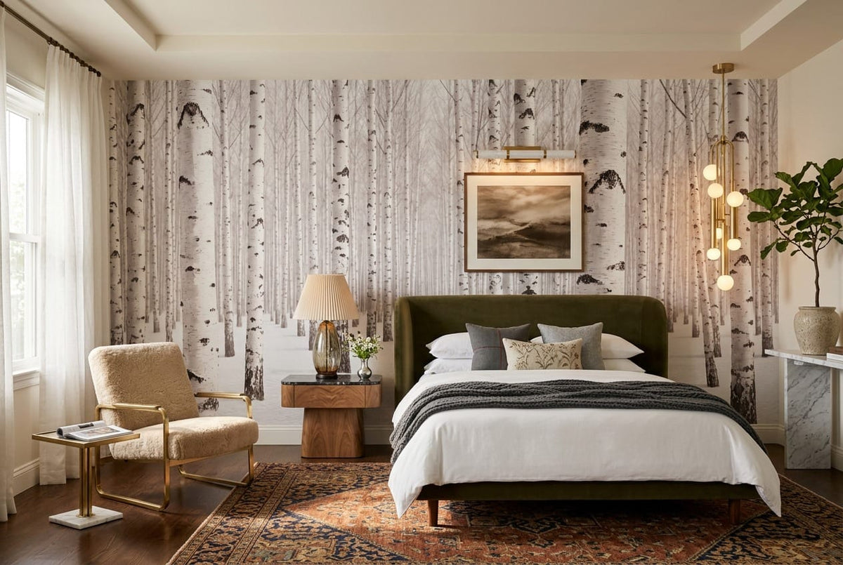 Calm White Nordic Woodland Birch Forest Wallpaper Mural in birch