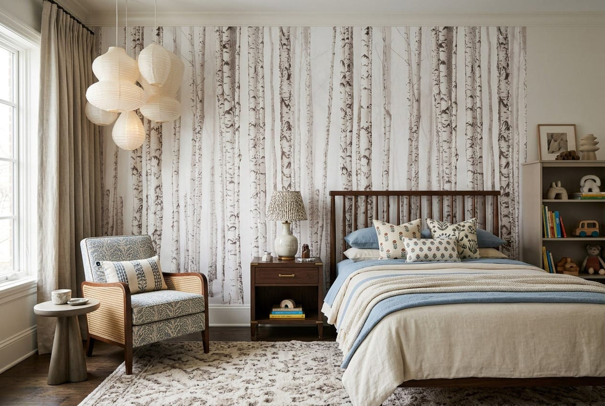 Muted White Vintage Nordic Birch Forest Wallpaper Mural in birch
