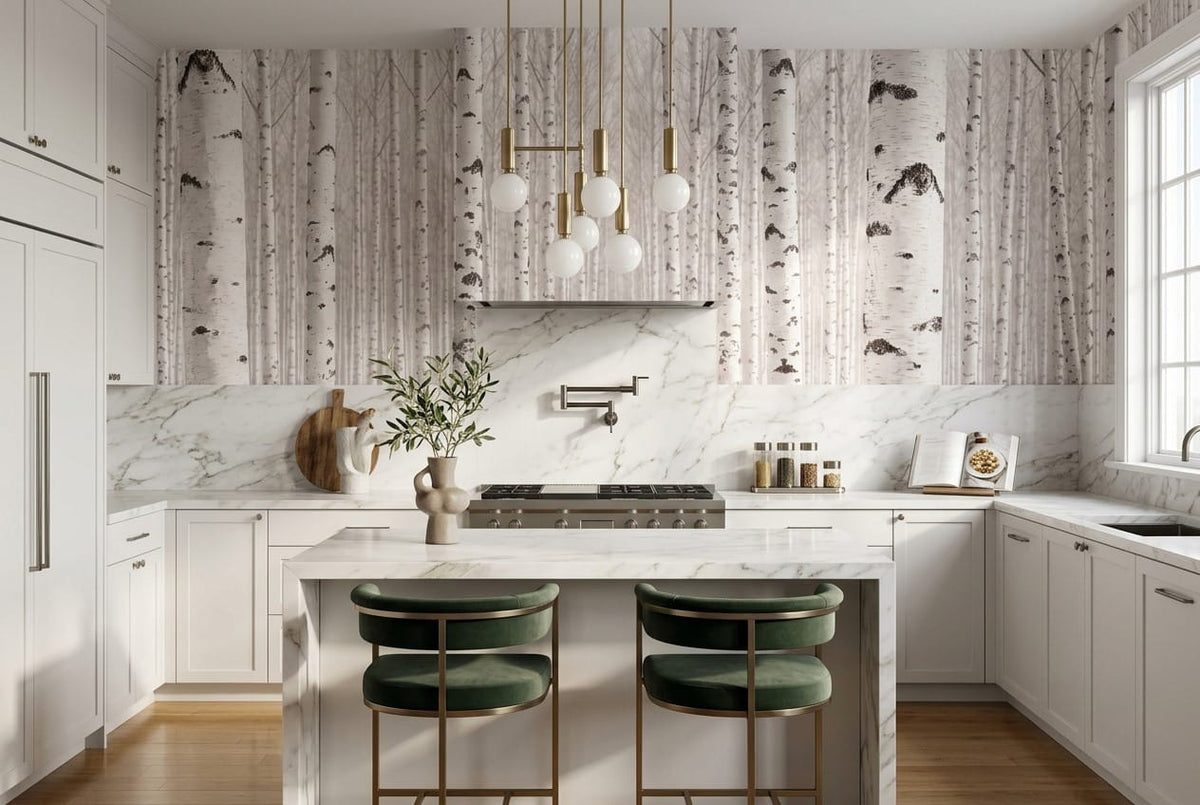 Calm White Nordic Woodland Birch Forest Wallpaper Mural in birch