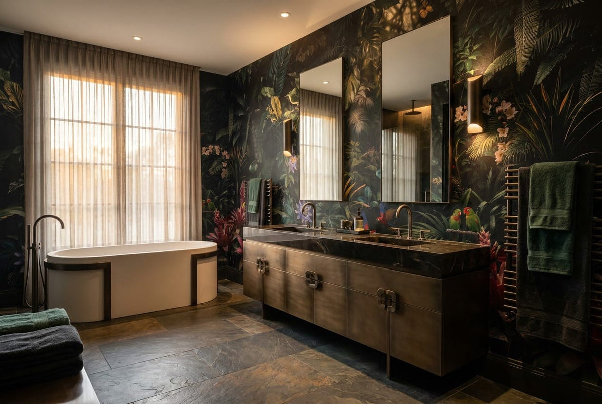 Midnight Toucan Floral Dark Jungle Wallpaper Mural in black