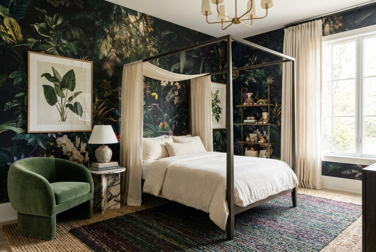 Midnight Toucan Floral Dark Jungle Wallpaper Mural in black