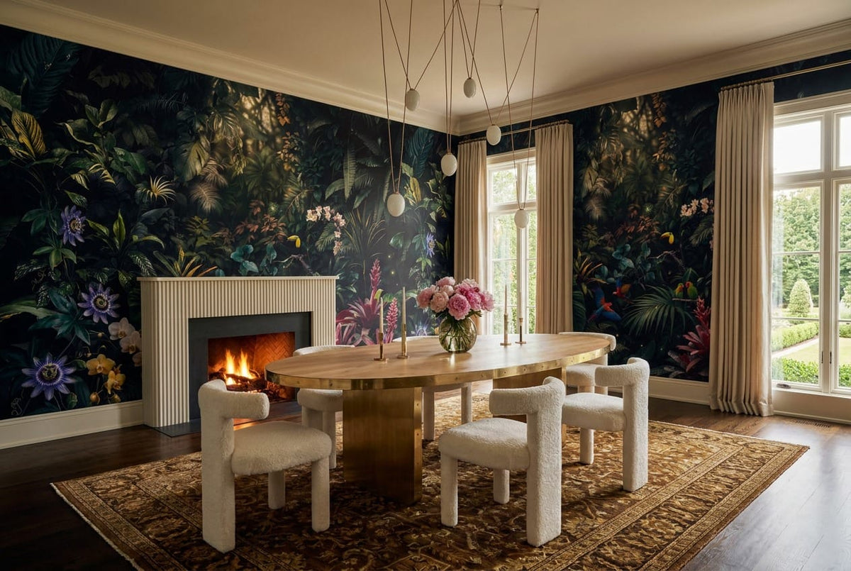 Midnight Toucan Floral Dark Jungle Wallpaper Mural in black