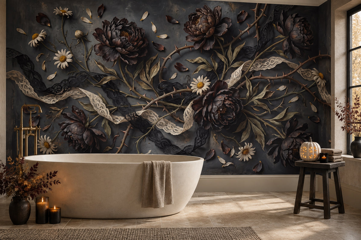 black floral bathroom custom peel and stick removable non woven vinyl wallpaper mural