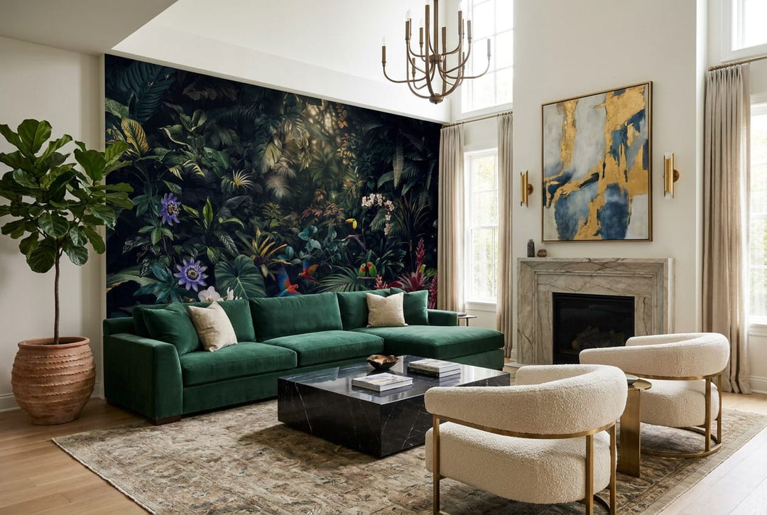 Midnight Toucan Floral Dark Jungle Wallpaper Mural in black