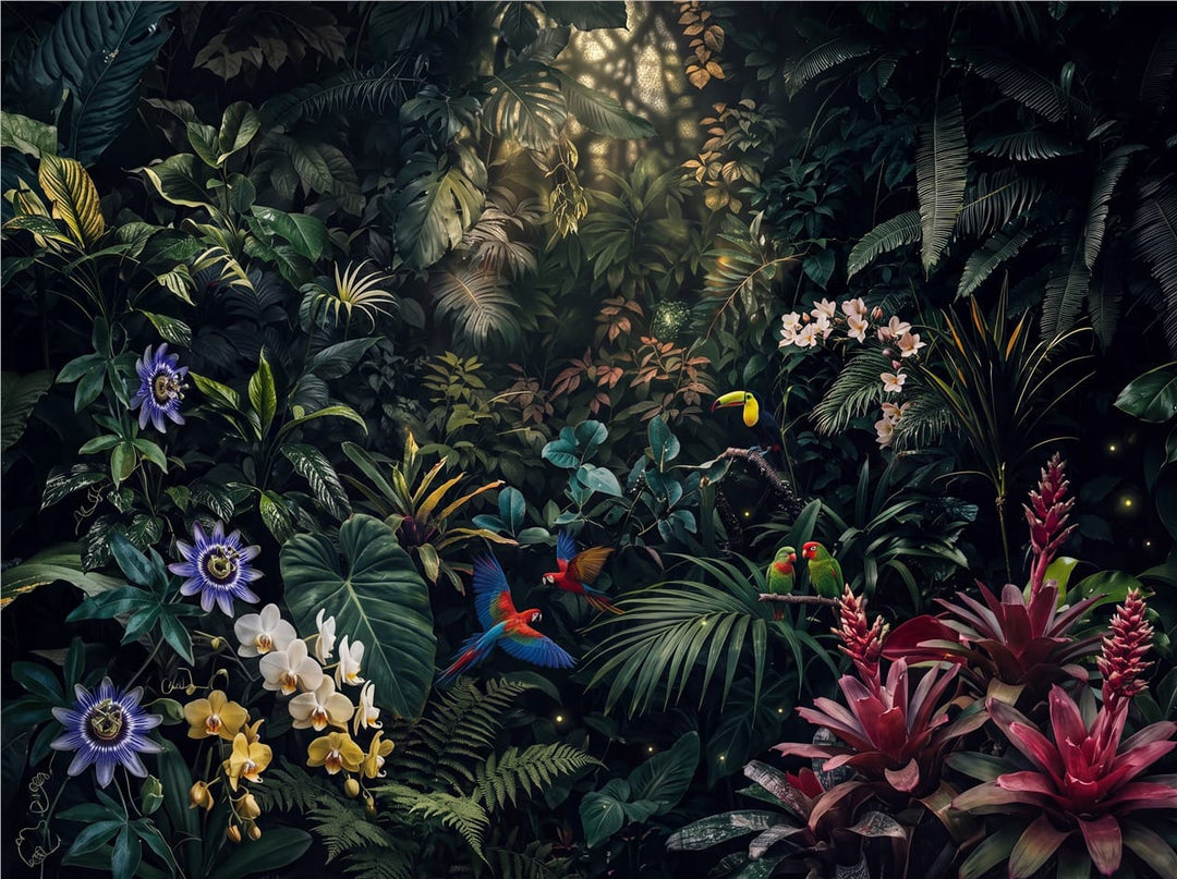 Midnight Toucan Floral Dark Jungle Wallpaper Mural in black