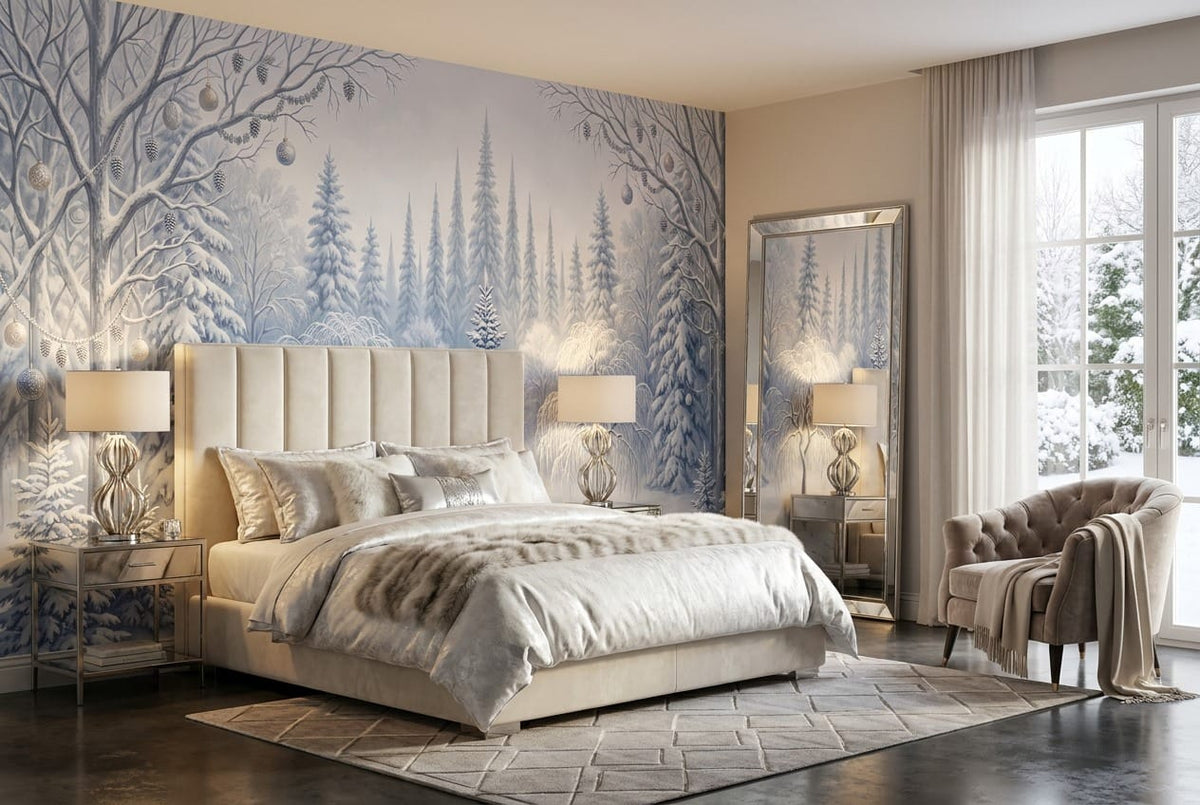 Serene Blue Deer Nordic Winter Forest Wallpaper Mural in blue
