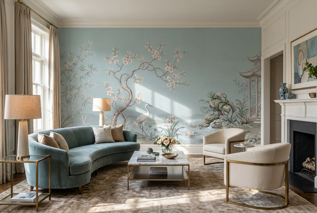 blue blossom crane lounge custom stick on non woven vinyl removable wallpaper mural