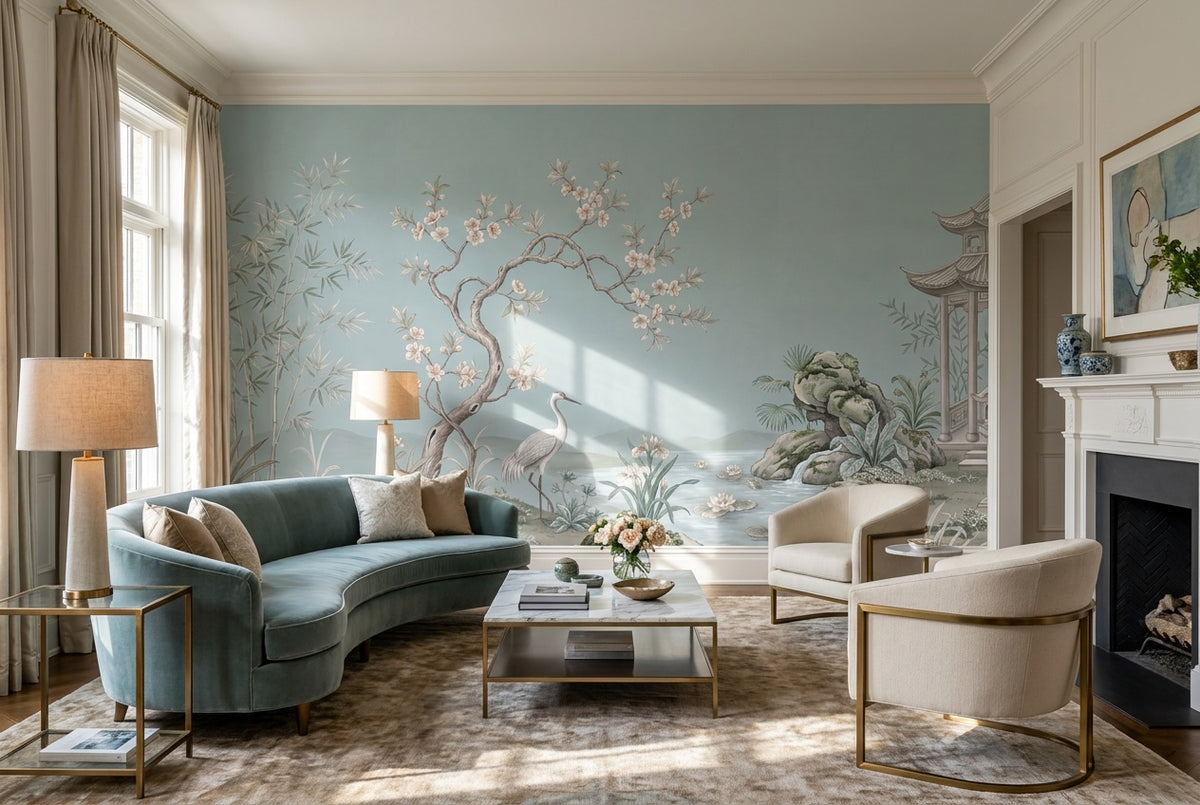 blue blossom crane lounge custom stick on non woven vinyl removable wallpaper mural