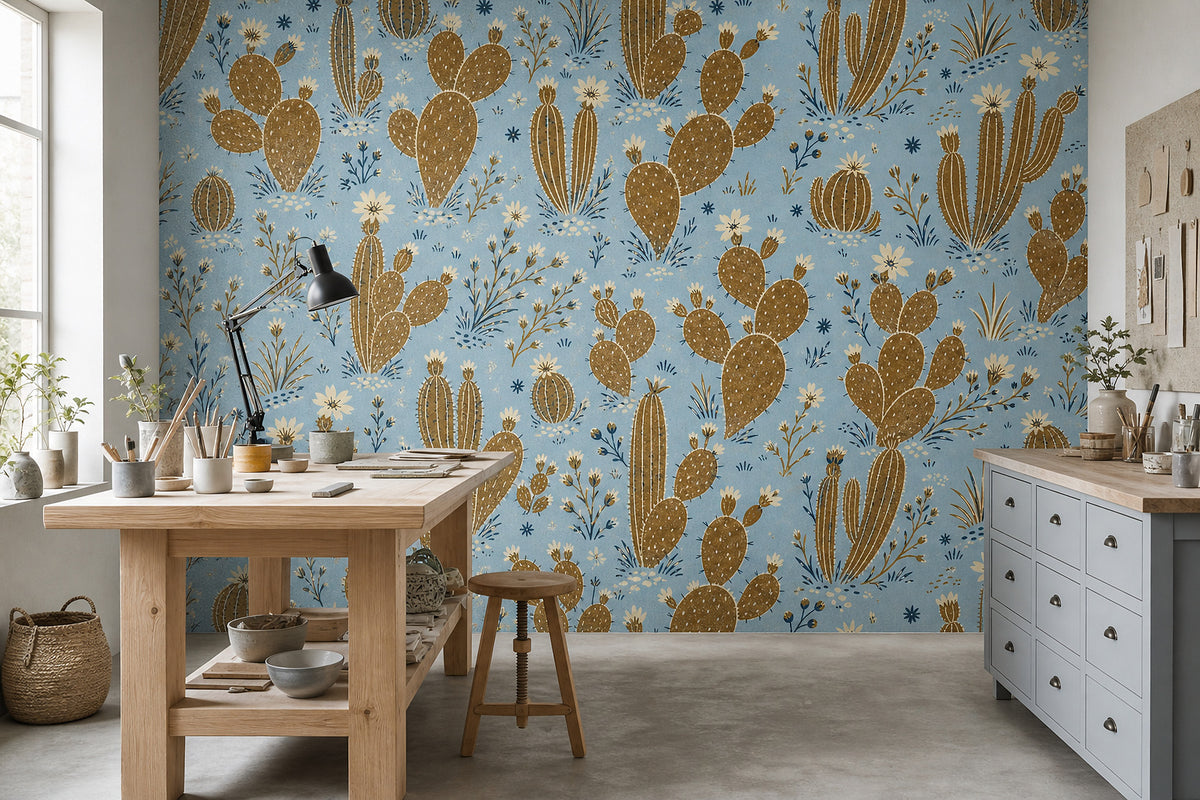 Blue Cactus Wallpaper Mural product view