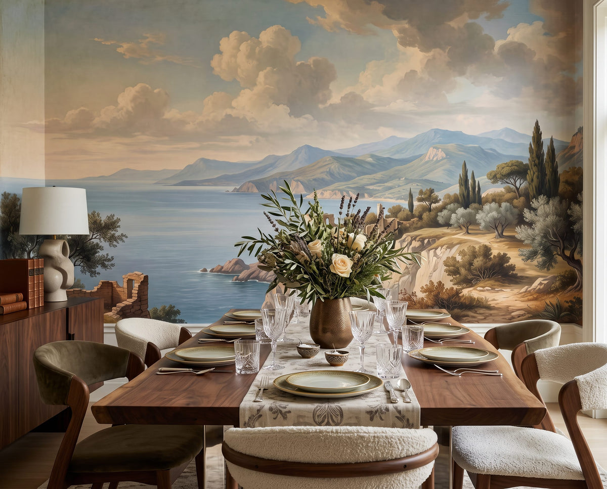 Mediterranean Coastal Ruins Landscape Wallpaper Mural