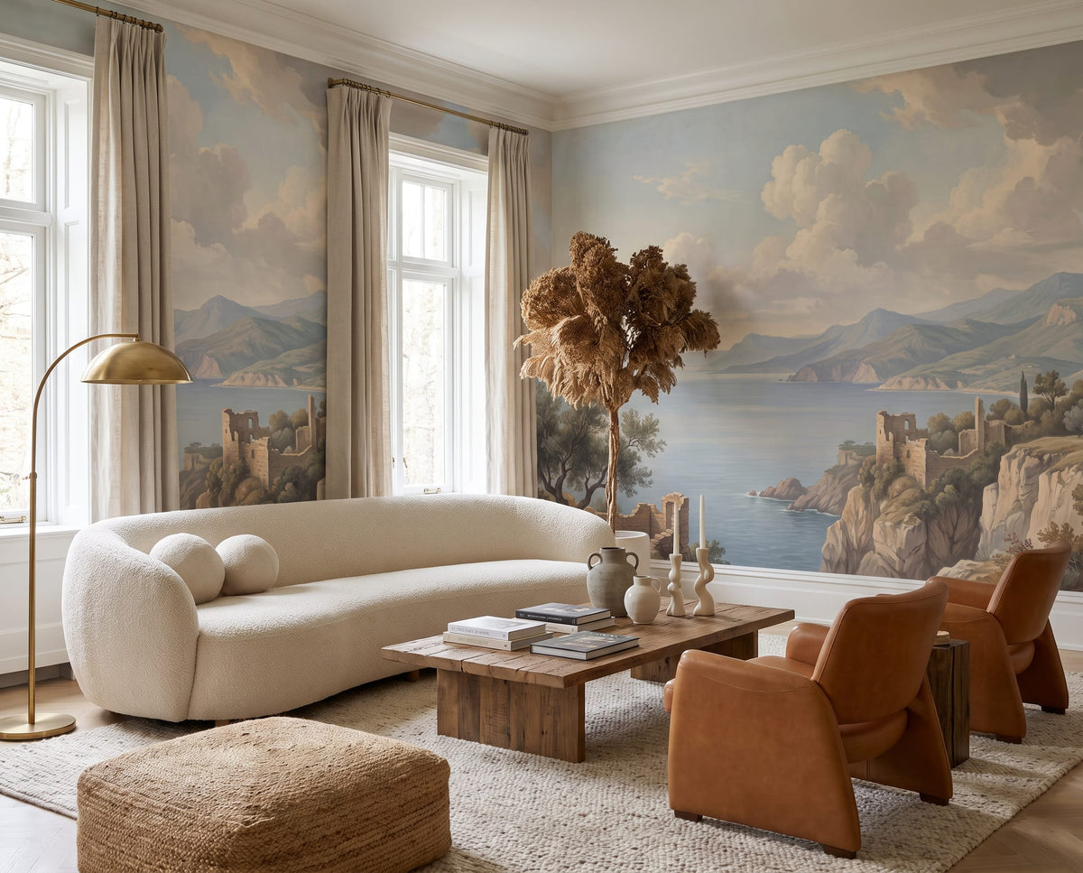 Mediterranean Coastal Ruins Landscape Wallpaper Mural