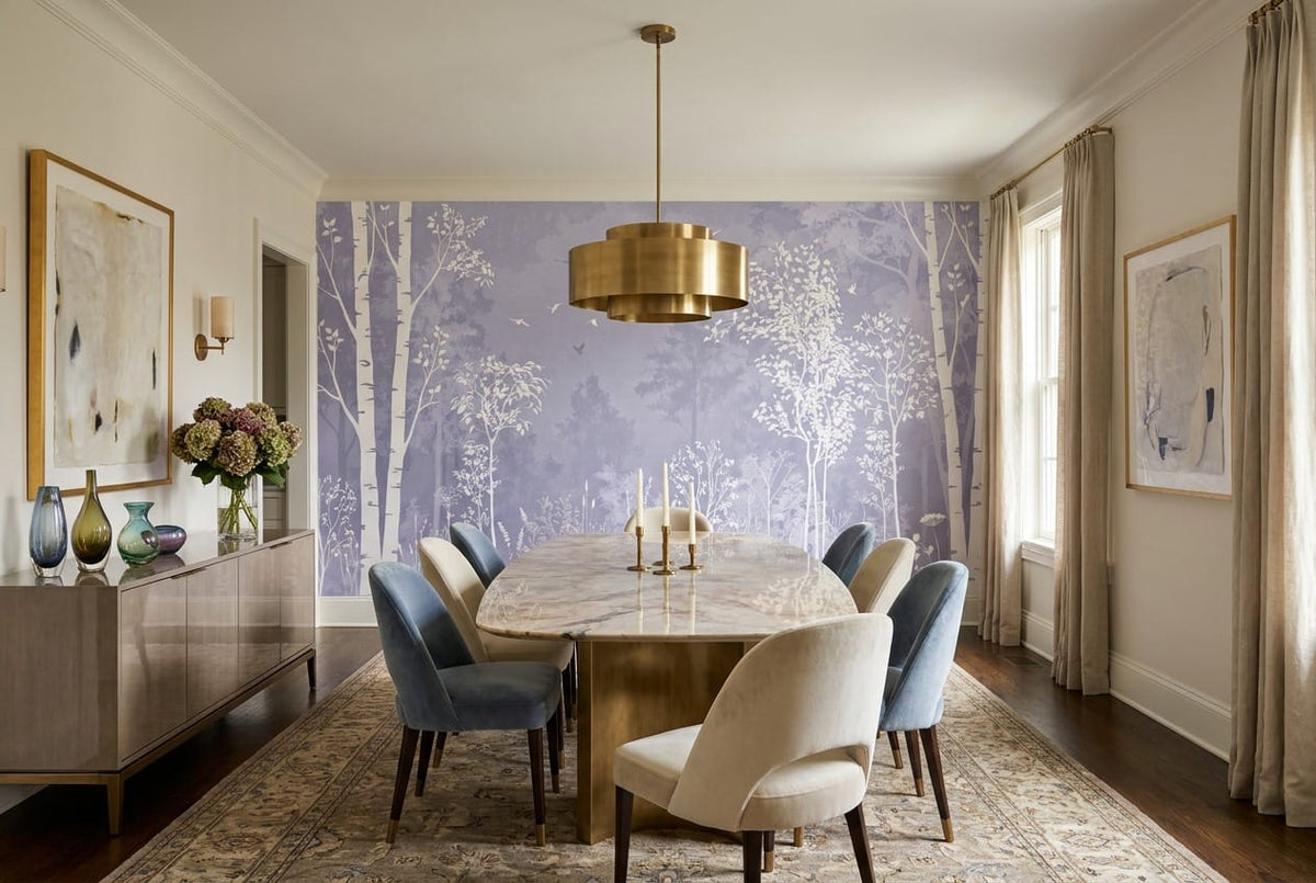 Misty Blue Watercolor Nordic Birch Forest Wallpaper Mural in blue