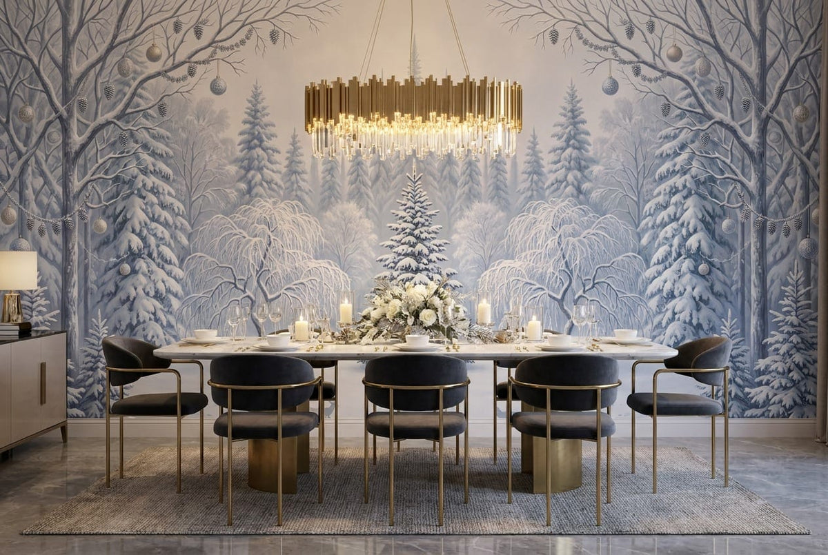 Serene Blue Deer Nordic Winter Forest Wallpaper Mural in blue