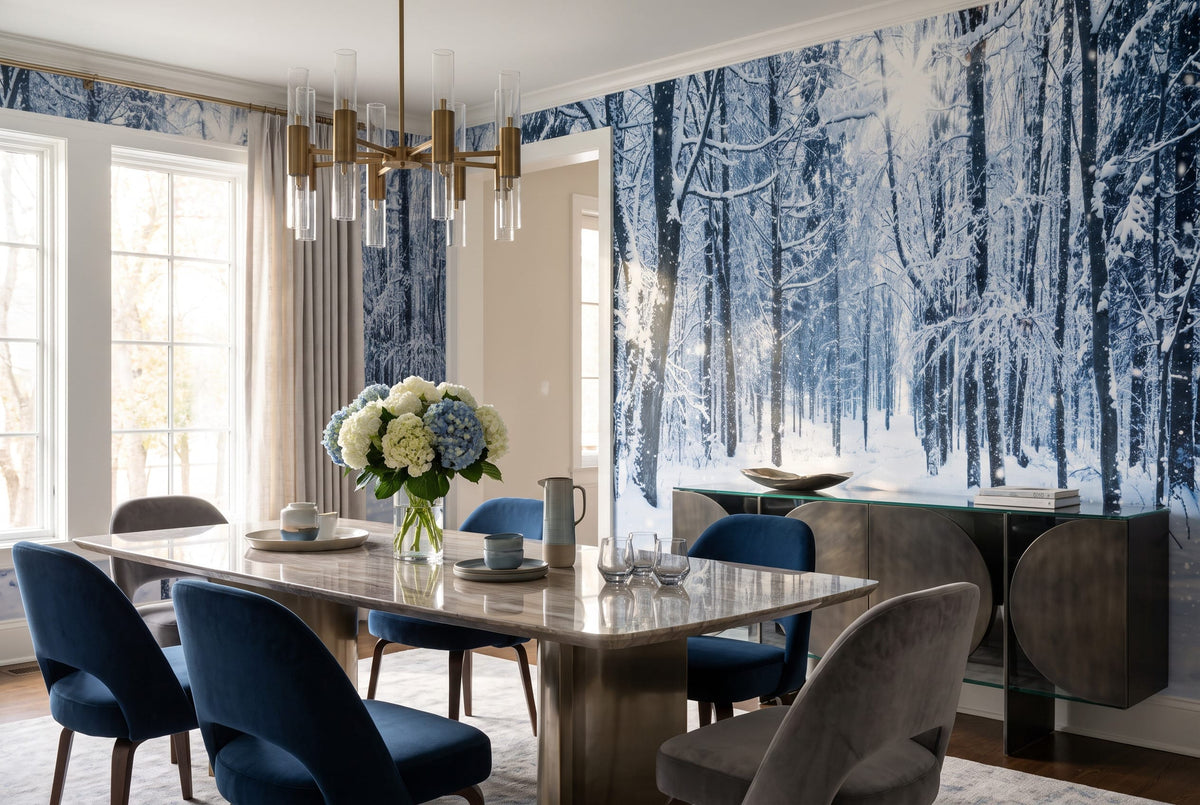 Snow Blue Christmas Nordic Winter Forest Wallpaper Mural in blue