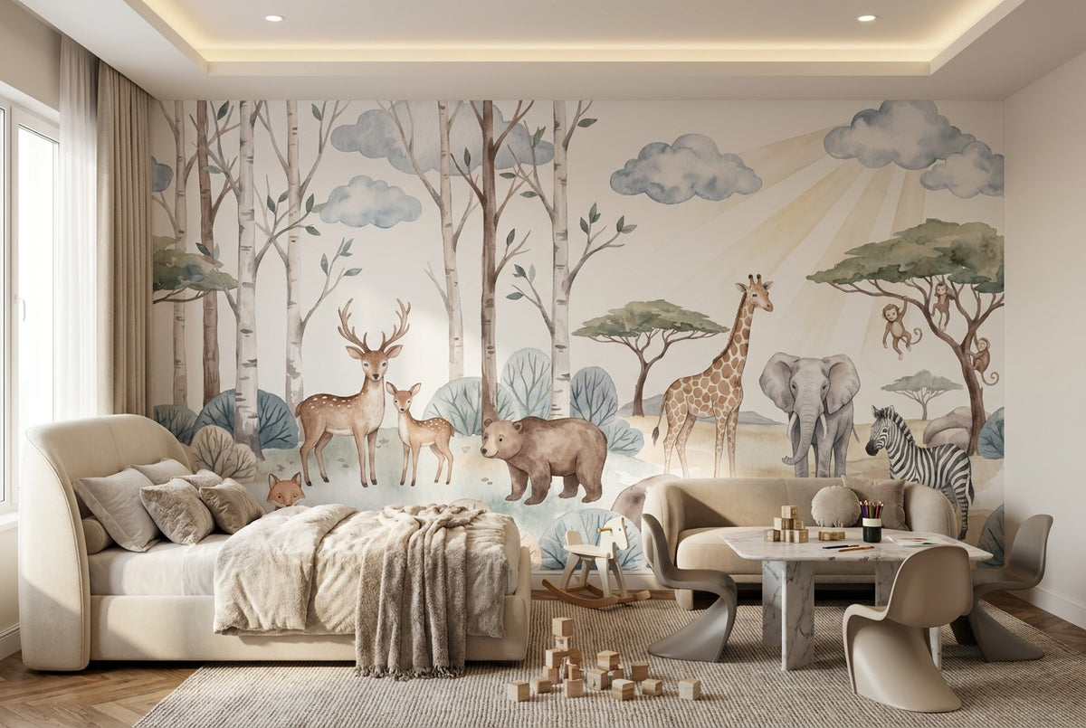 blue forest safari kids room custom stick on non woven vinyl removable wallpaper mural