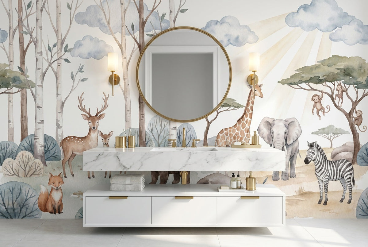 blue forest safari wallpaper mural custom stick on bathroom removable non woven vinyl