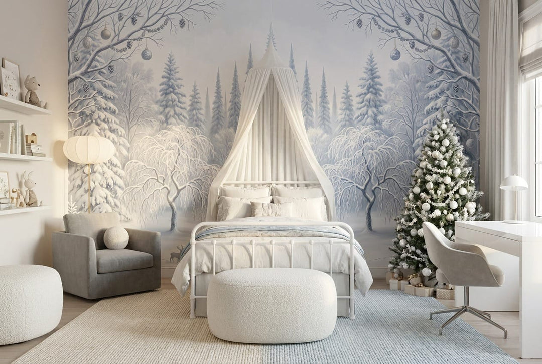 Serene Blue Deer Nordic Winter Forest Wallpaper Mural in blue