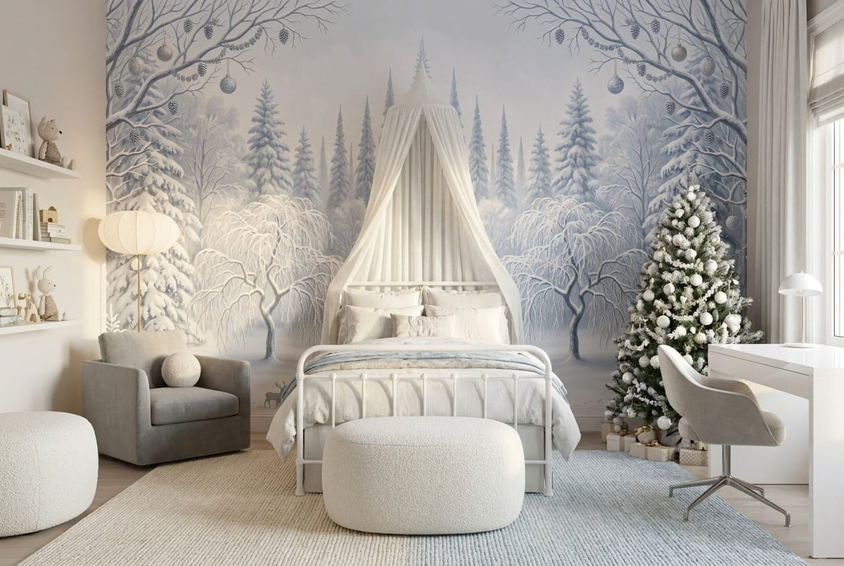 Serene Blue Deer Nordic Winter Forest Wallpaper Mural in blue