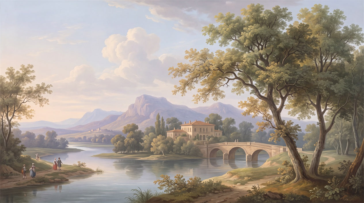 Sunlit River Bridge and Mountain Village Wallpaper Mural