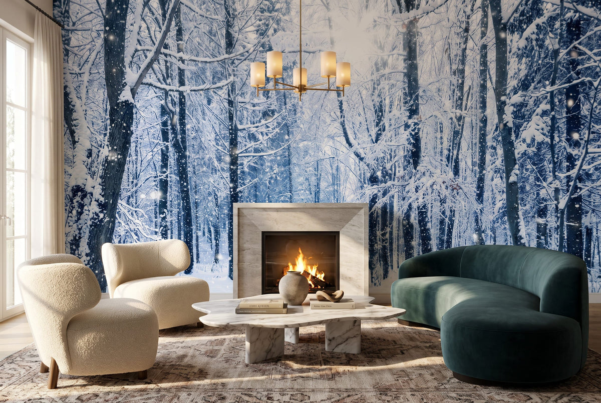 Snow Blue Christmas Nordic Winter Forest Wallpaper Mural in blue