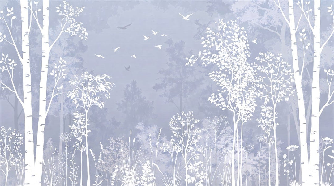 Misty Blue Watercolor Nordic Birch Forest Wallpaper Mural in blue