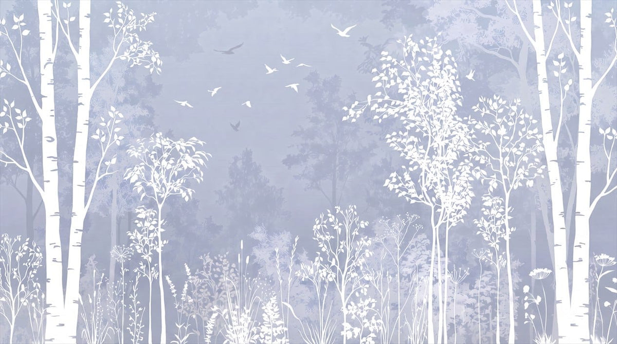 Misty Blue Watercolor Nordic Birch Forest Wallpaper Mural in blue