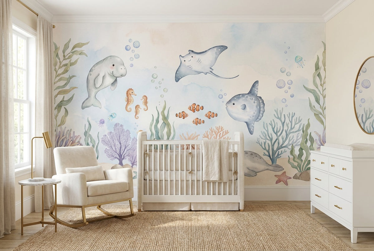 blue ocean animals nursery custom stick on non woven vinyl removable wallpaper mural