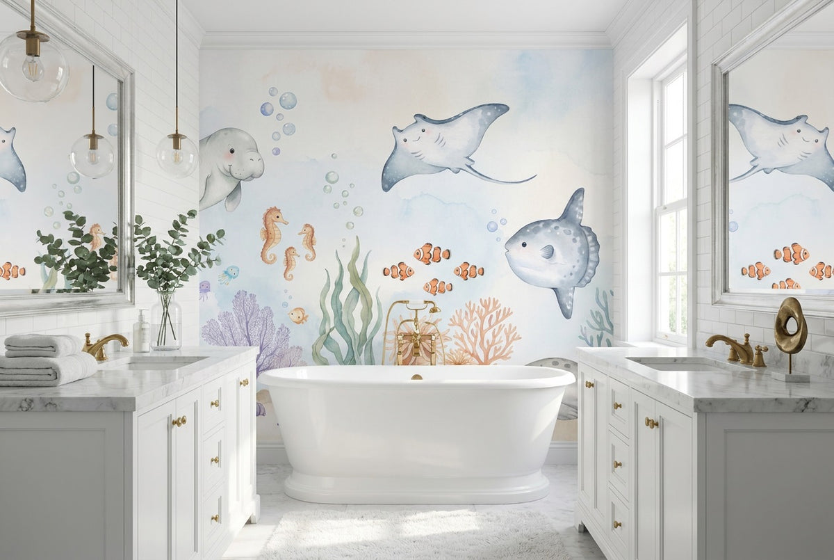 blue ocean animals wallpaper mural custom stick on bathroom removable non woven vinyl