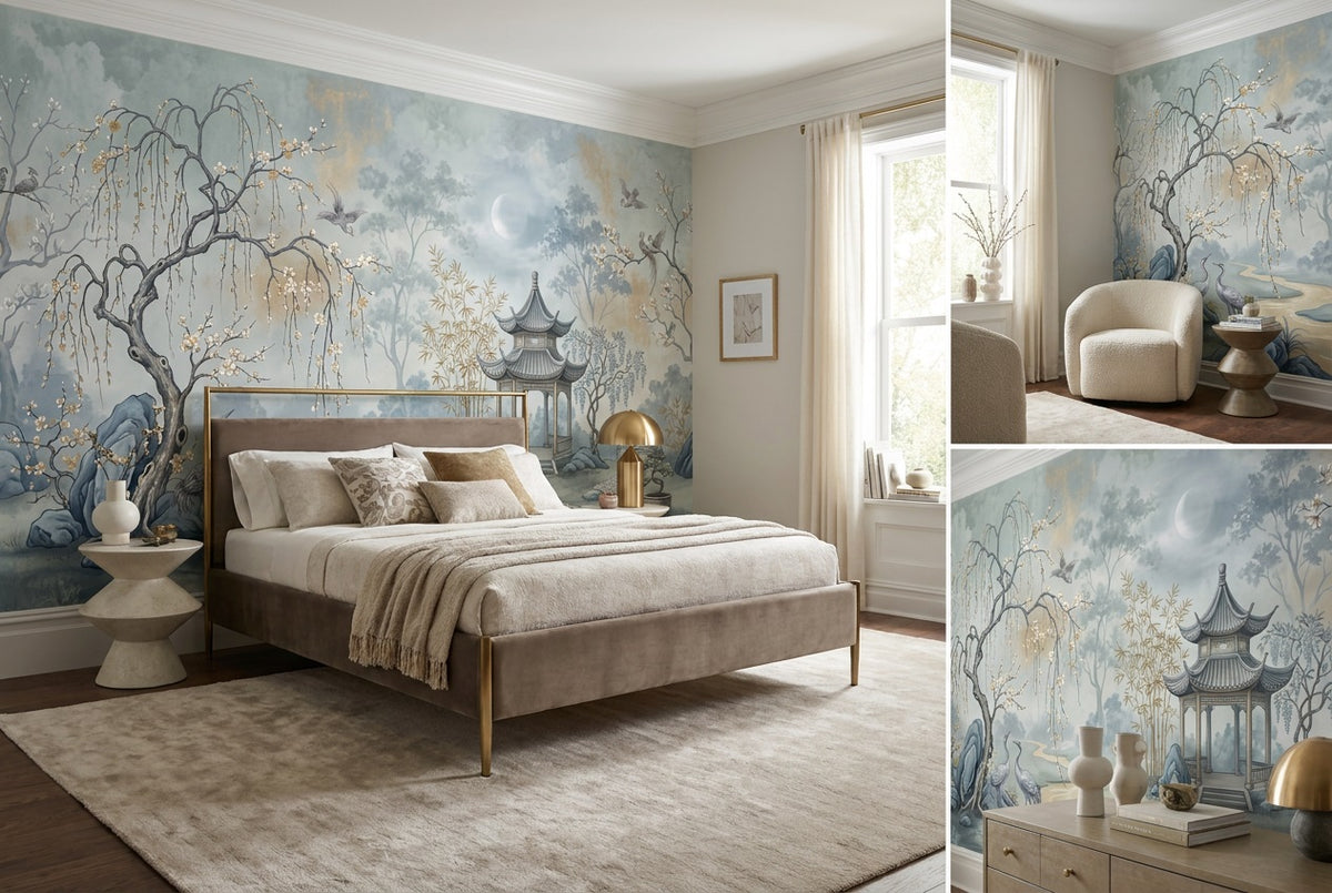 blue pavilion wallpaper mural custom stick on bedroom removable non woven vinyl views
