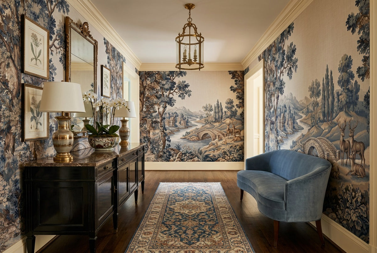 blue tapestry wallpaper mural custom peel and stick hallway removable non woven vinyl