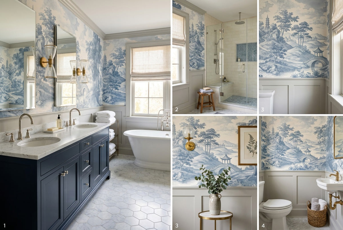 blue toile bathroom custom stick on non woven vinyl removable wallpaper mural views