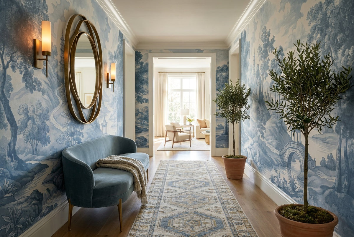 blue toile landscape hallway custom stick on non woven vinyl removable wallpaper mural