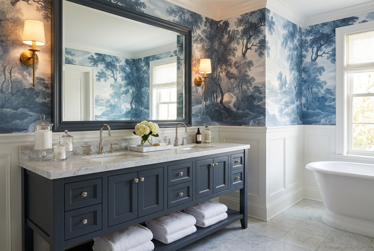 blue toile wallpaper mural custom self adhesive bathroom removable non woven vinyl
