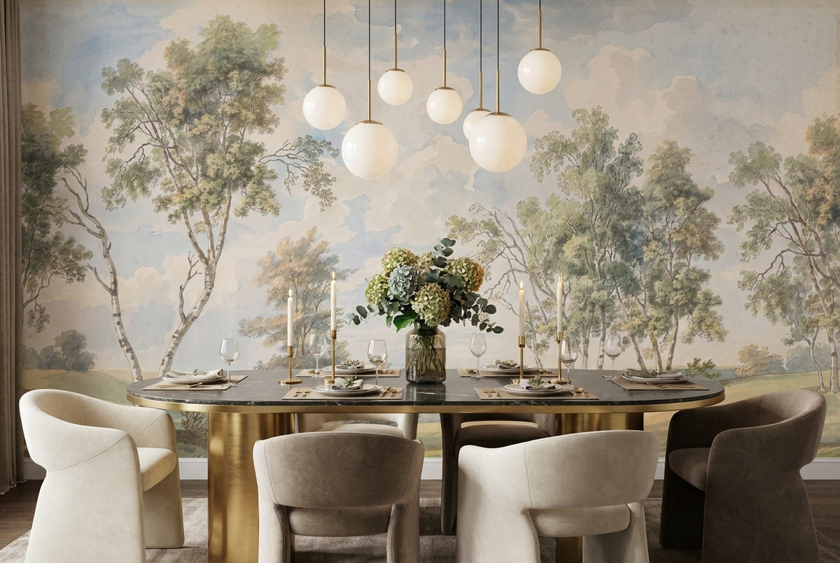 blue watercolor trees dining custom stick on non woven vinyl removable wallpaper mural