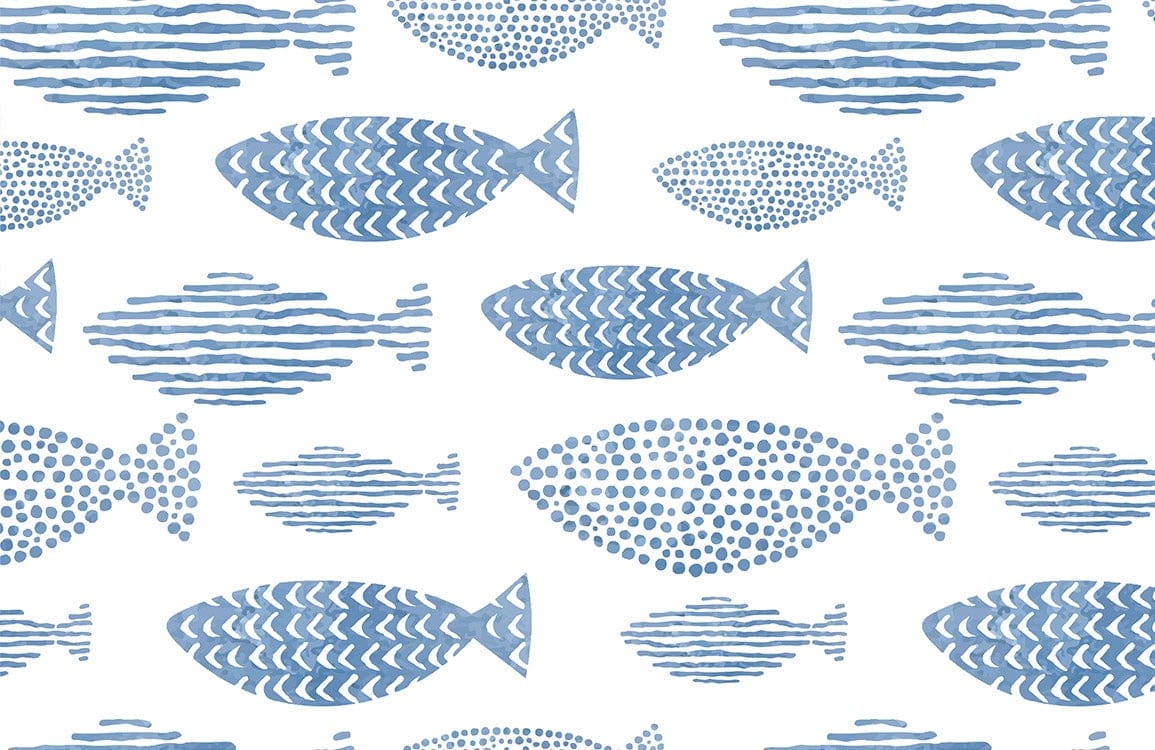 Blue Fish Pattern Coastal Design Wallpaper for Nautical Themed Interiors