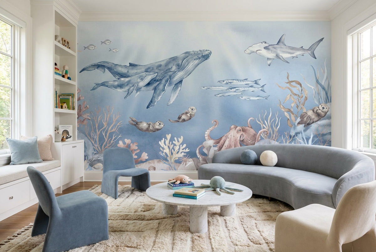blue whale wallpaper mural custom peel and stick playroom removable non woven vinyl