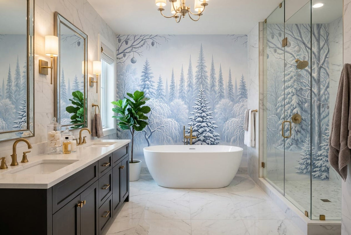 Serene Blue Deer Nordic Winter Forest Wallpaper Mural in blue
