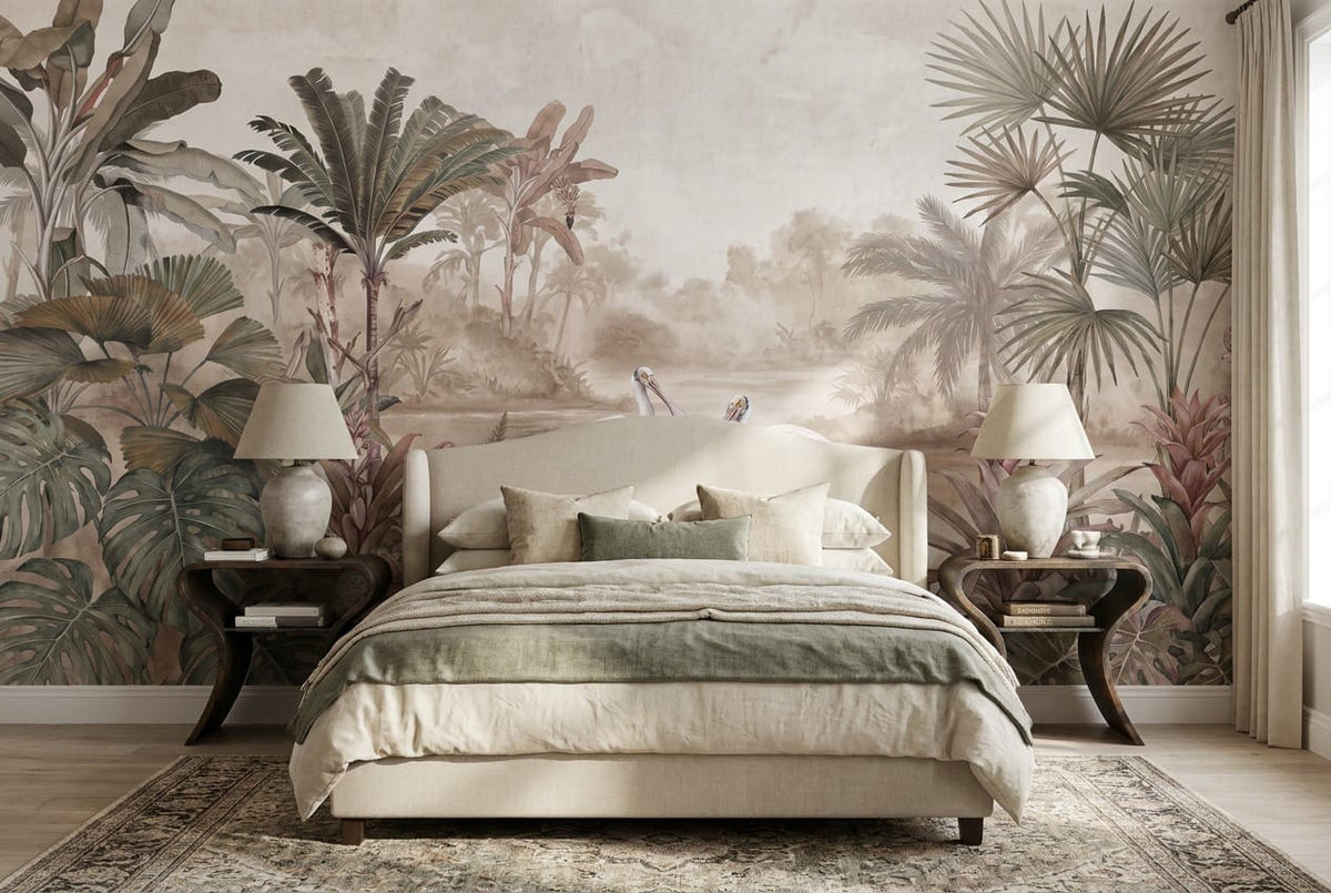 Blush Spoonbill Tropical Lake Jungle Wallpaper Mural in blush