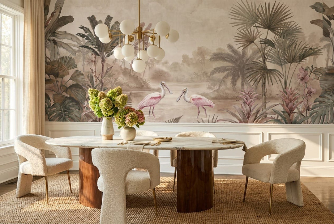 Blush Spoonbill Tropical Lake Jungle Wallpaper Mural in blush