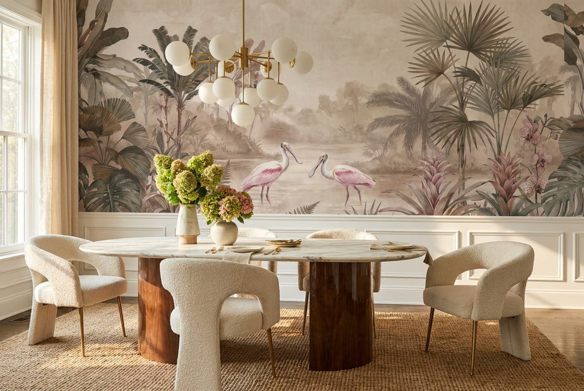 Blush Spoonbill Tropical Lake Jungle Wallpaper Mural in blush